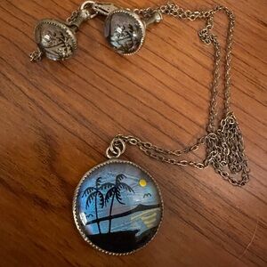 Vintage sterling silver palm tree necklace, and clip on earrings